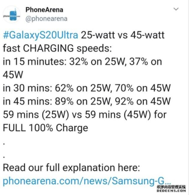 满血版25W快充,三星Galaxy S20 Ultra在59分钟即可充满